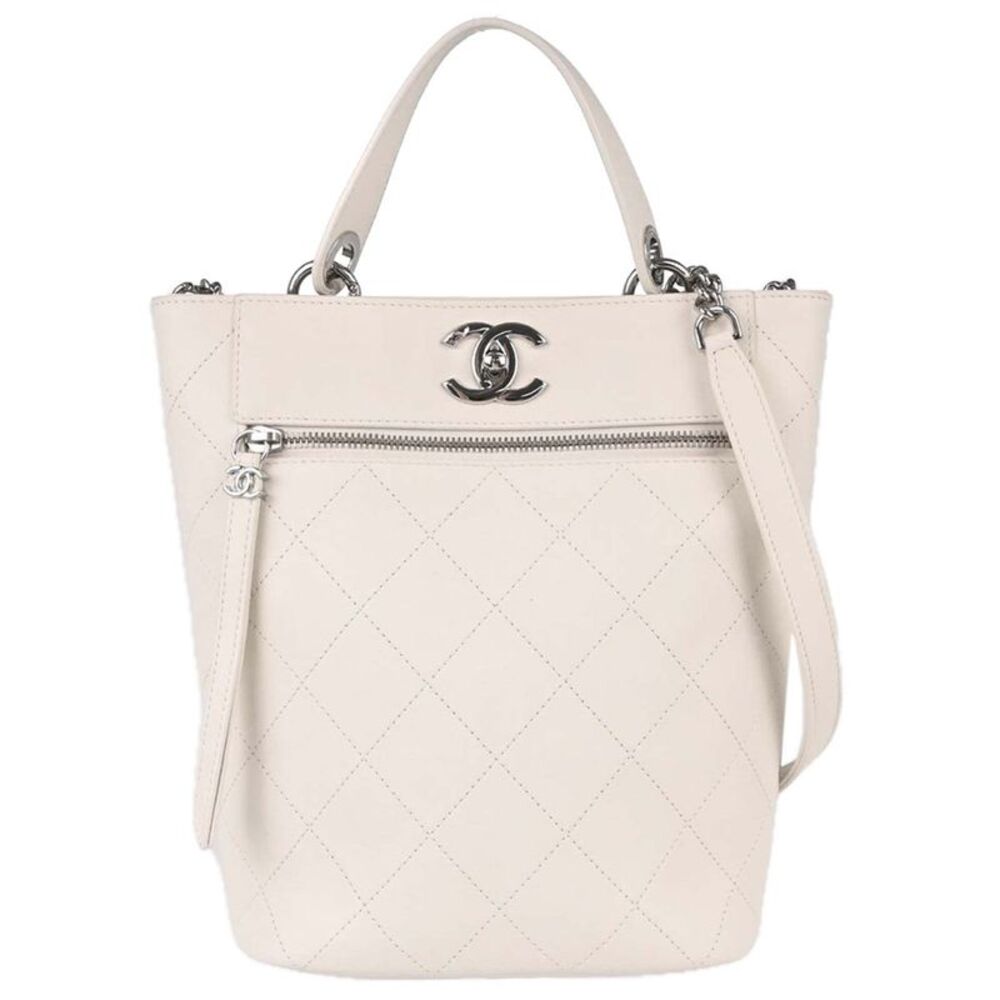 Chanel Cc Top Handle Bucket Stitched Calfskin White Leather Handbag